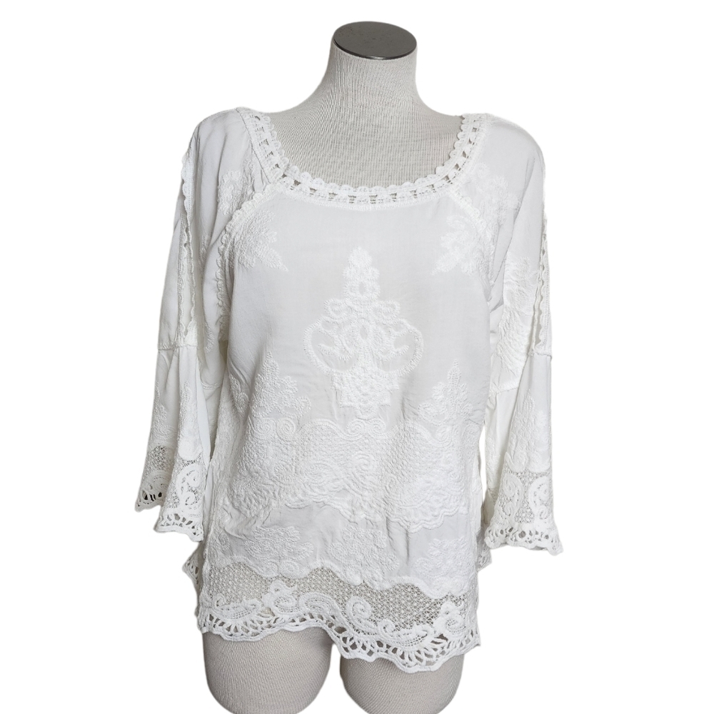 Democracy Embroidered Cold Shoulder Bell SleeveWhite Women's  Top Size S